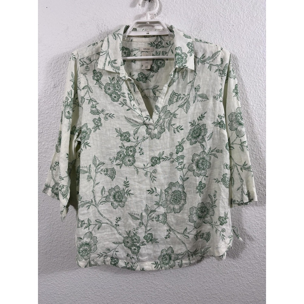 Joie Blouse Womens 1X White Green Floral Linen 3/4 Sleeve Collared Top Side Tie
